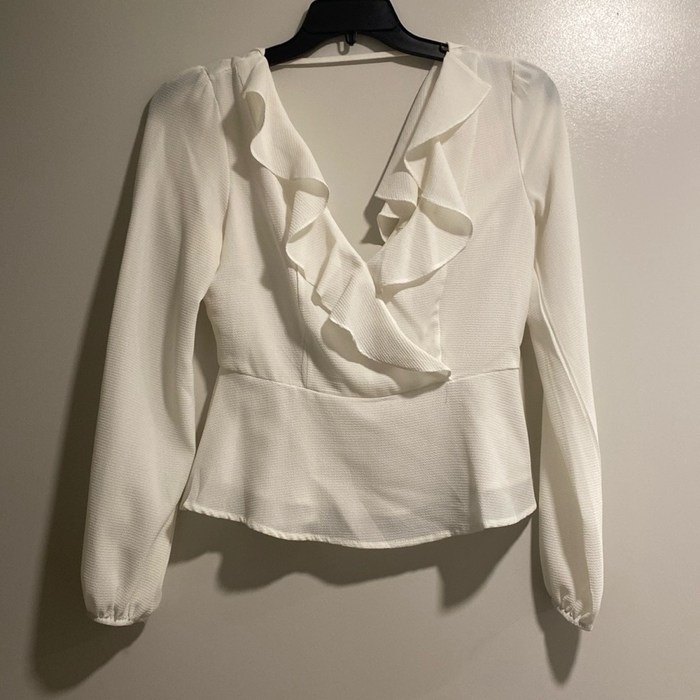 Like New White V-Neck Blouse with Front Ruffle, Size M